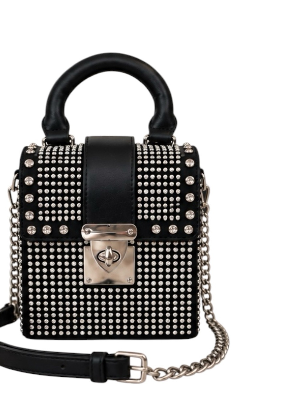 Black Rhinestone Studded Mini Bag Silver Chain Crossbody Purse